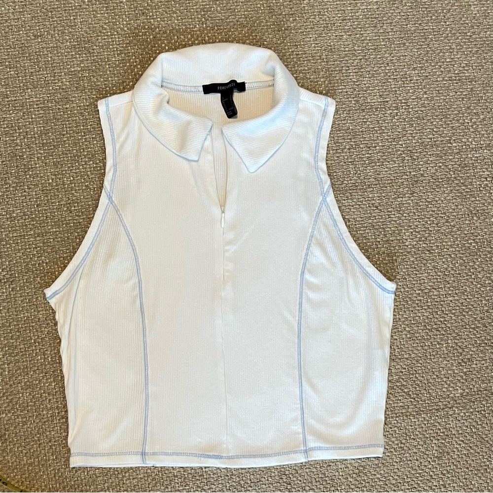 Forever 21 Sleeveless Top Size L White Ribbed Full Zip Collar Tennis Prep